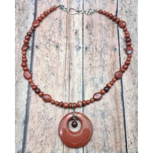 Artisan 2 Piece Set Red Jasper Natural Stone Pendant Necklace & Wrap Bracelet - Picture 10 of 11